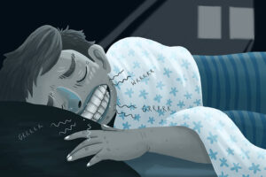 Cartoon of a sleeping man grinding his teeth.
