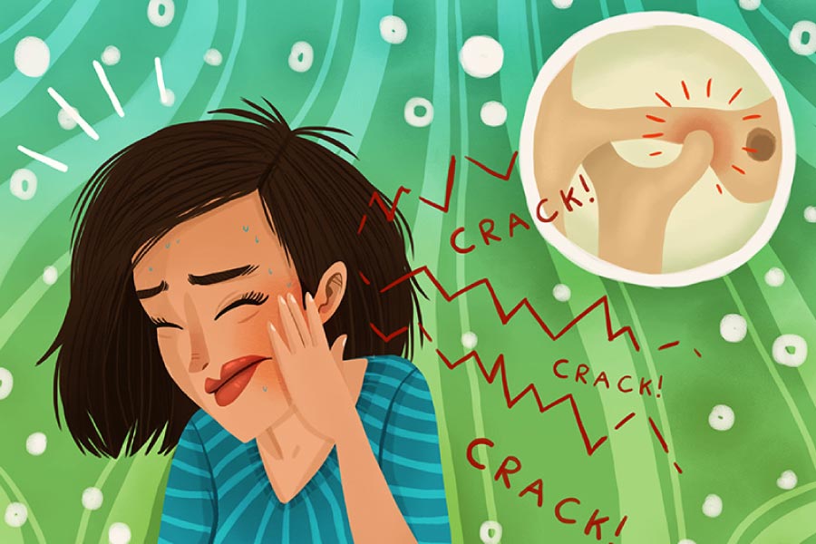 Cartoon of a woman with TMD/TMJ showing cracking sounds in her  temporomandibular joint.