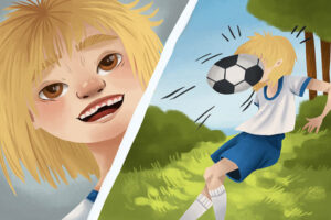 Cartoon showing a child getting hit in the face with a soccer ball and chipping a tooth.