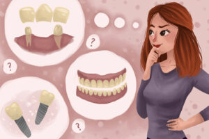 Cartoon with a thought bubble as a woman considers dental implants and dentures.